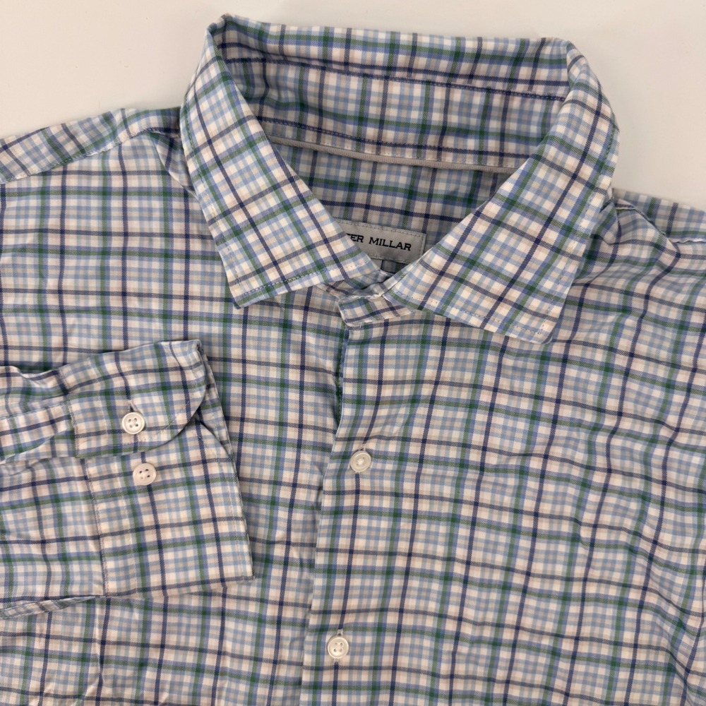 Peter Millar Button Down Men Large Blue Green Plaid Performance Stretch Shirt